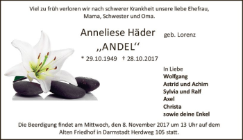 Traueranzeige von Anneliese Häder von Trauerportal Echo Online