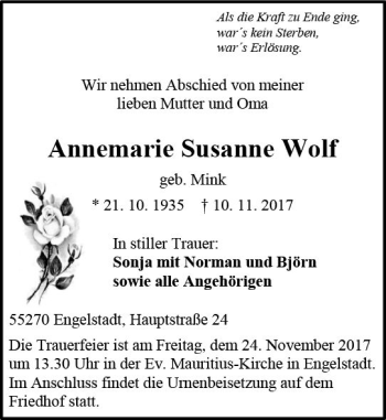Traueranzeige von Annemarie Susanne Wolf von Trauerportal Rhein Main Presse
