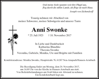 Traueranzeige von Anni Swonke von  Usinger Anzeiger