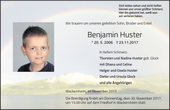 Traueranzeige von Benjamin Huster von Trauerportal Rhein Main Presse