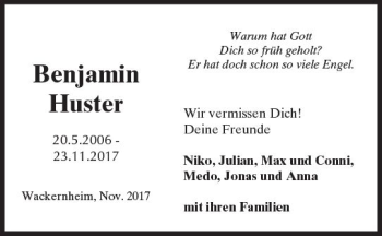 Traueranzeige von Benjamin Huster von Trauerportal Rhein Main Presse
