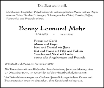 Traueranzeige von Benjamin Leonard-Mohr von Trauerportal Rhein Main Presse