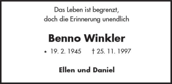 Traueranzeige von Benno Winkler von Trauerportal Echo Online