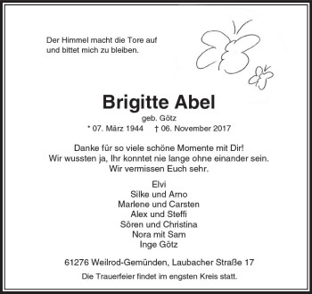 Traueranzeige von Brigitte Abel von  Usinger Anzeiger