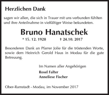 Traueranzeige von Bruno Hanatschek von Trauerportal Echo Online
