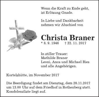 Traueranzeige von Christa Braner von Trauerportal Echo Online