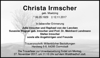 Traueranzeige von Christa Irmscher von Trauerportal Echo Online