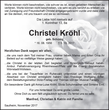 Traueranzeige von Christel Kröhl von Trauerportal Rhein Main Presse