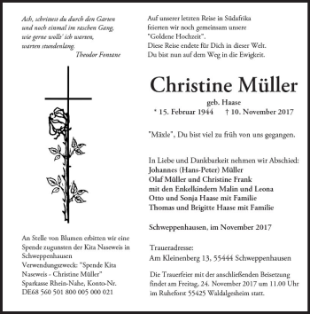 Traueranzeige von Christine Müller von Trauerportal Rhein Main Presse