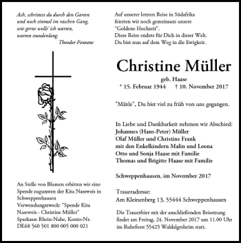 Traueranzeige von Christine Müller von Trauerportal Rhein Main Presse