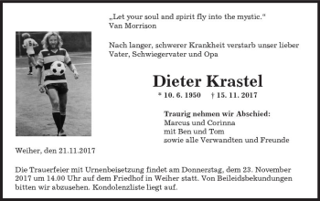 Traueranzeige von Dieter Krastel von Trauerportal Echo Online