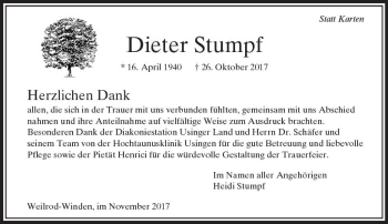 Traueranzeige von Dieter Stumpf von  Usinger Anzeiger