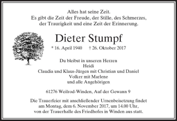 Traueranzeige von Dieter Stumpf von  Usinger Anzeiger