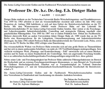 Traueranzeige von Dietger Hahn von  Gießener Anzeiger