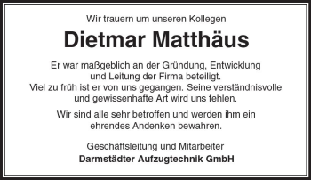 Traueranzeige von Dietmar Matthäus von Trauerportal Echo Online
