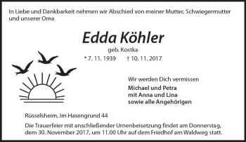 Traueranzeige von Edda Köhler von Trauerportal Rhein Main Presse