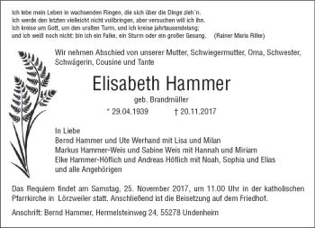 Traueranzeige von Elisabeth Hammer von Trauerportal Rhein Main Presse