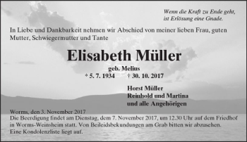 Traueranzeige von Elisabeth Müller von Trauerportal Rhein Main Presse