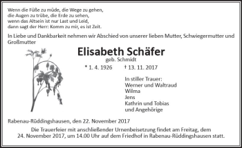 Traueranzeige von Elisabeth Schäfer von  Gießener Anzeiger