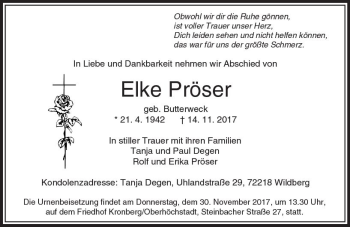 Traueranzeige von Elke Pröser von  Usinger Anzeiger