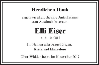 Traueranzeige von Elli Eiser von  Kreisanzeiger