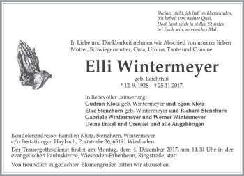 Traueranzeige von Elli Wintermeyer von Trauerportal Rhein Main Presse