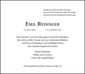 Traueranzeige von Emil Reisinger von Trauerportal Rhein Main Presse