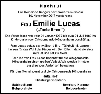 Traueranzeige von Emilie Lucas von Trauerportal Rhein Main Presse