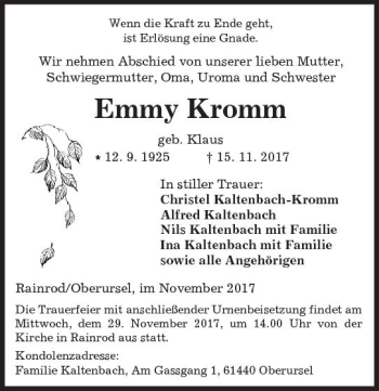 Traueranzeige von Emmy Kromm von  Kreisanzeiger