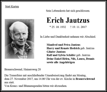 Traueranzeige von Erich Jautzus von VRM Trauer