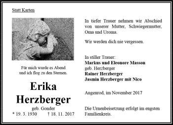 Traueranzeige von Erika Herzberger von VRM Trauer
