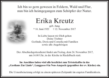 Traueranzeige von Erika Kreutz von  Usinger Anzeiger