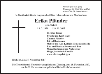 Traueranzeige von Erika Pfänder von  Gießener Anzeiger