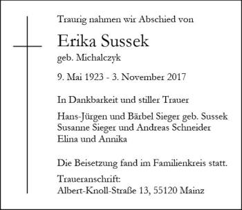 Traueranzeige von Erika Sussek von Trauerportal Rhein Main Presse
