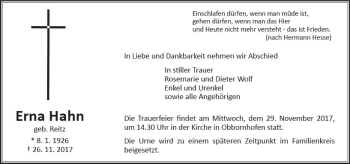 Traueranzeige von Erna Hahn von  Gießener Anzeiger