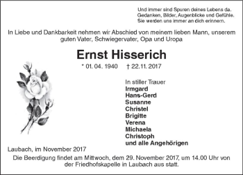 Traueranzeige von Ernst Hisserich von  Gießener Anzeiger