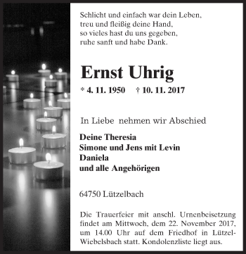 Traueranzeige von Ernst Uhrig von Trauerportal Echo Online