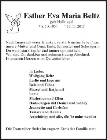 Traueranzeige von Esther Eva Maria Beltz von Trauerportal Rhein Main Presse