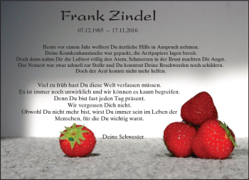 Traueranzeige von Frank Zindel von Trauerportal Rhein Main Presse
