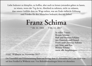 Traueranzeige von Franz Schima von Trauerportal Rhein Main Presse