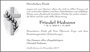 Traueranzeige von Friedel Habann von Trauerportal Echo Online