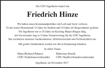 Traueranzeige von Friedrich Hinze von Trauerportal Rhein Main Presse