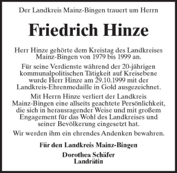 Traueranzeige von Friedrich Hinze von Trauerportal Rhein Main Presse