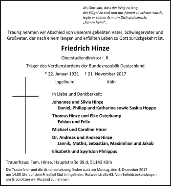 Traueranzeige von Friedrich Hinze von Trauerportal Rhein Main Presse