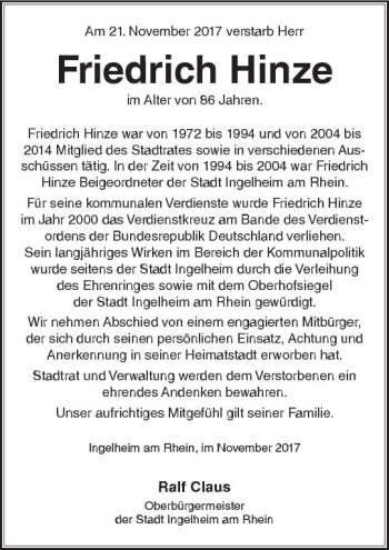 Traueranzeige von Friedrich Hinze von Trauerportal Rhein Main Presse