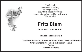Traueranzeige von Fritz Blum von  Gießener Anzeiger