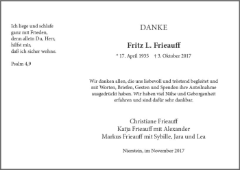 Traueranzeige von Fritz L. Frieauff von Trauerportal Rhein Main Presse