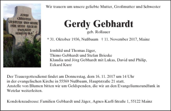 Traueranzeige von Gerdy Gebhardt von Trauerportal Rhein Main Presse