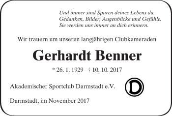 Traueranzeige von Gerhardt Benner von Trauerportal Echo Online