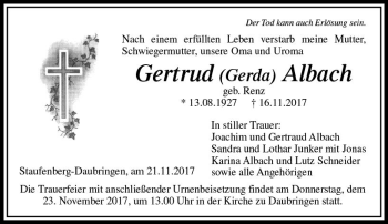 Traueranzeige von Gertrud Albach von  Gießener Anzeiger